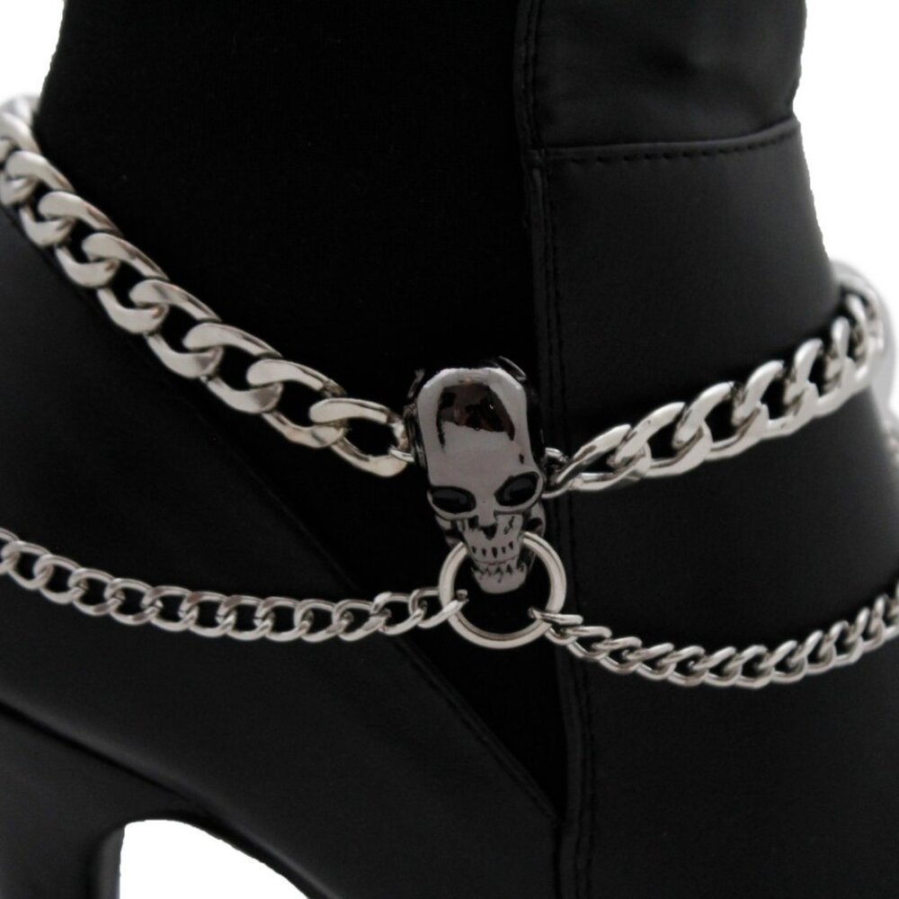 Women 2 Boots Bracelet Silver Metal Chains Skeleton Skull Anklet Shoe Charm PAIR - Picture 10 of 17